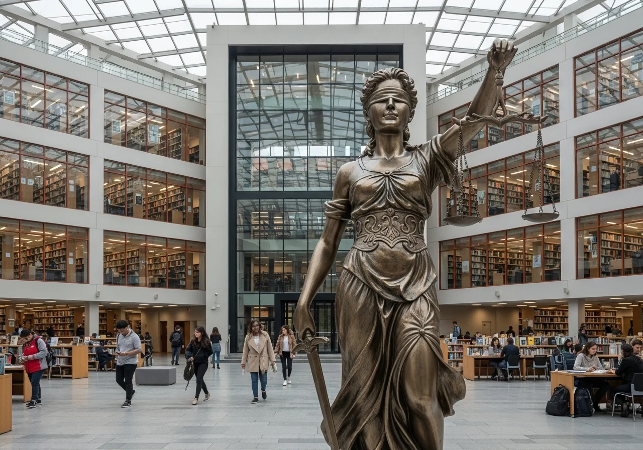 Adalet heykeli (Lady Justice) ile üniversite kütüphanesi birleşimi, hukuku ve yükseköğretimi simgeleyen modern tasarım, akademik özgürlük ve eşitlik teması