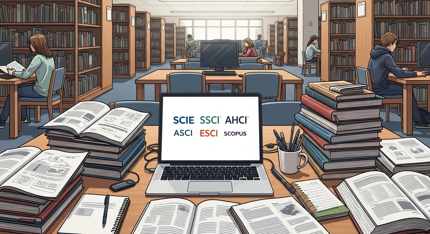 Modern bir üniversite kütüphanesi içi, bilgisayar ekranında SCIE, SSCI, AHCI, ESCI ve Scopus logoları görünüyor, bilimsel makaleler ve kitaplar masanın üzerinde, akademik ve profesyonel atmosfer, yüksek kaliteli illüstrasyon tarzı