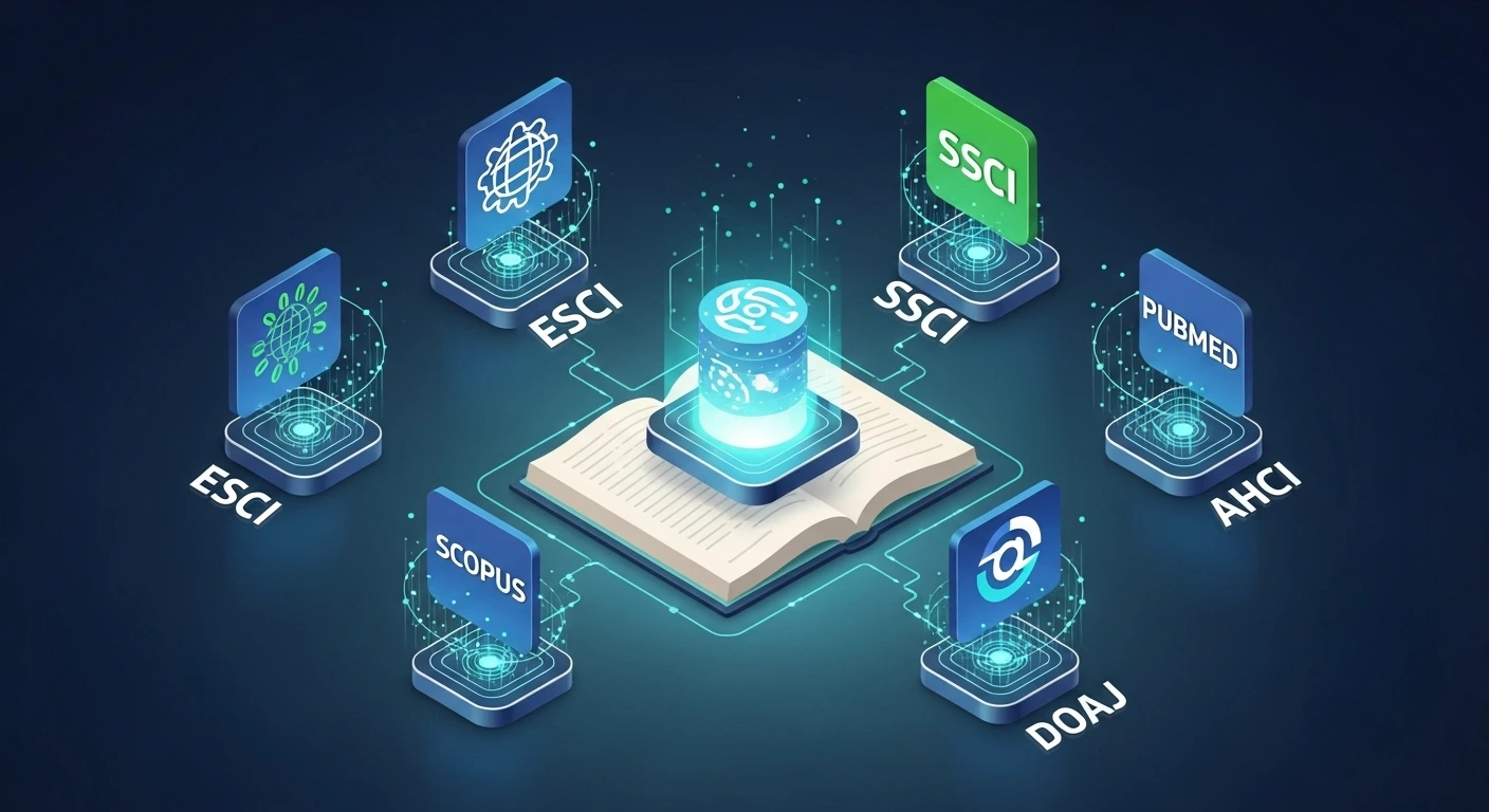 Akademik bir araştırma dergisinin küresel dizinlere tarandığını gösteren 3D izometrik illüstrasyon — ESCI, SCIE, SSCI, AHCI, Scopus, PubMed ve DOAJ’ı temsil eden ikonlar, parlayan açık bir kitabın etrafında duruyor — yüksek teknoloji, profesyonel, geleceğe yönelik akademik görselleştirme.