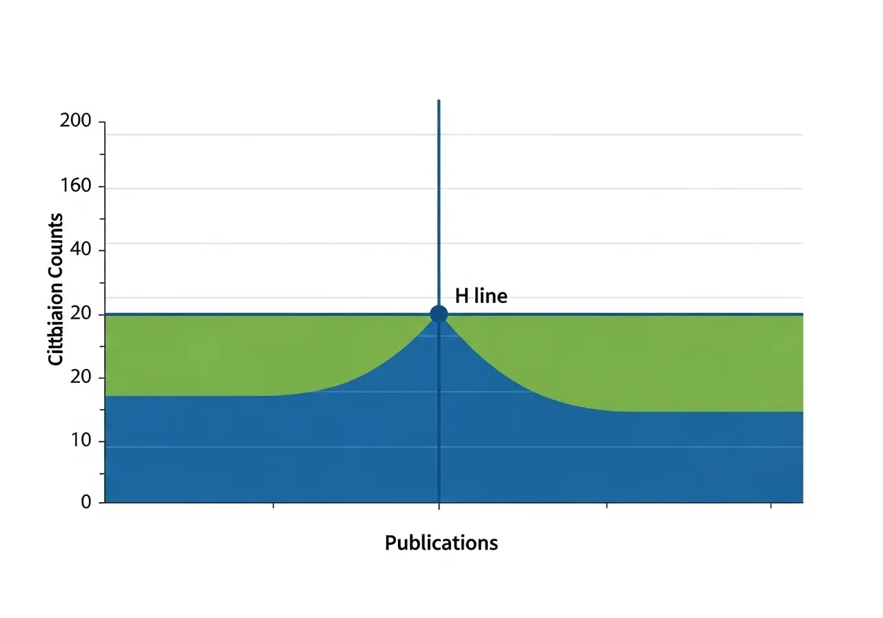 Atıf sayılarının azalan sırayla gösterildiği bir grafik illüstrasyonu. X ekseninde yayınlar, Y ekseninde atıf sayıları var. Grafikte bir kesişim noktası (H çizgisi) öne çıkıyor, modern infografik tarzında, sade renkler (mavi, yeşil, beyaz tonları), akademik ve profesyonel görünüm.