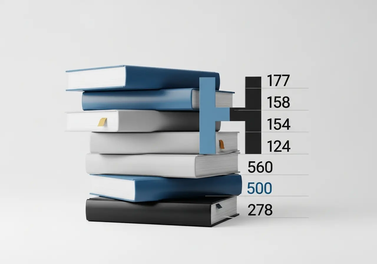 Akademik yayınların ve atıf sayılarının temsil edildiği bir görsel. Modern ve minimalist bir tasarım, kitaplar veya makaleler üst üste dizilmiş, her kitabın yanında aldığı atıf sayısını gösteren sayılar var. Grafiksel bir ‘H’ harfi öne çıkıyor, bilimsel ölçüm vurgusu yapılmış, akademik atmosfer, profesyonel ve temiz bir tasarım.