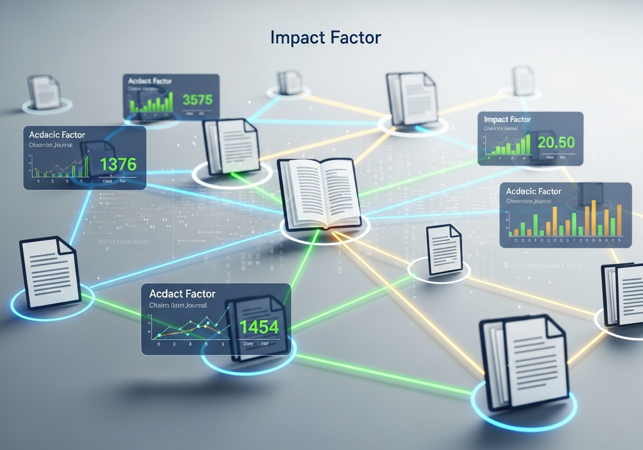 Akademik dergilerin etki faktörünü (Impact Factor) temsil eden modern bir illüstrasyon — birbirine bağlı akademik makaleler, parlak çizgilerle bağlanan veri kutucukları, sayısal istatistikler, dijital kütüphane teması, minimalist ve profesyonel tasarım, temiz beyaz arka plan.