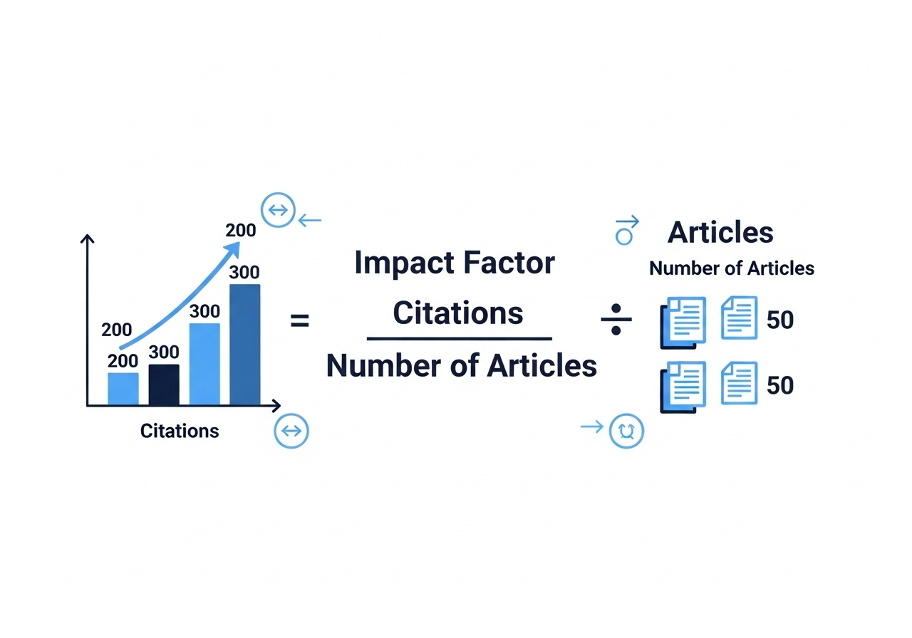 Impact Factor hesaplama formülünü görselleştiren infografik tarzı bir illüstrasyon — büyükçe yazılmış matematiksel formül (Atıflar ÷ Makale Sayısı), grafikler, bar chart ve sayı ikonlarıyla desteklenmiş, sade ve akademik bir tasarım, modern flat vektör stili, beyaz ve mavi tonlarda profesyonel görünüm.