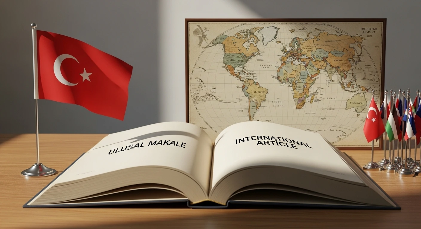 Bir masa üzerinde açık kitap ve yanında dünya haritası, bir yanda Türkiye bayrağı diğer yanda dünya bayrakları, kitapların üzerinde
